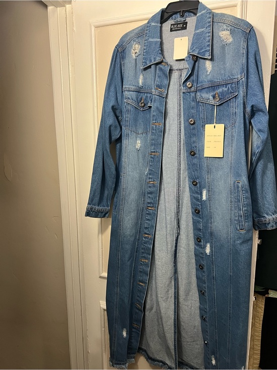 Blue Age Jackets & Blazers - BLUE AGE Long Distressed Denim Jacket Coat in Light Blue